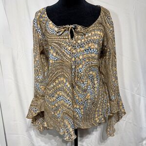 Vintage Y2K Fashion Bug Boho Fairycore Bell Sleeve Tie-Front Blouse L Made USA